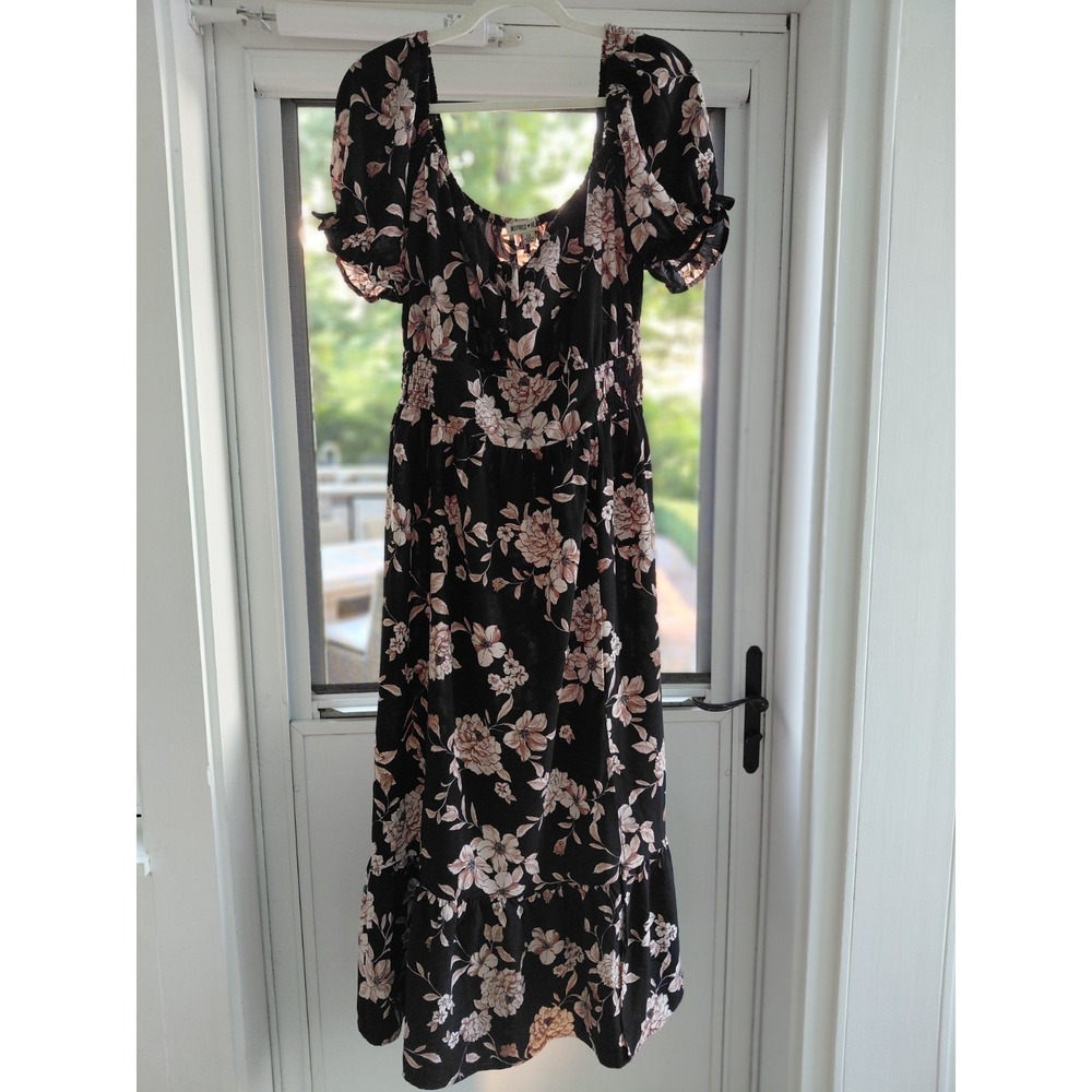 Inspired Hearts Long Dress Split Side Black Cream Brown Floral Puff Sleeves...